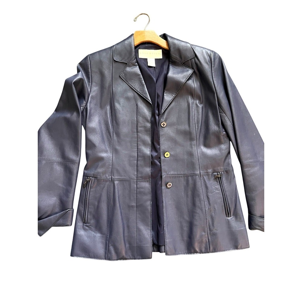Vintage Blue Leather 90s Don Caster Jacket Collared Button Front Size Small
